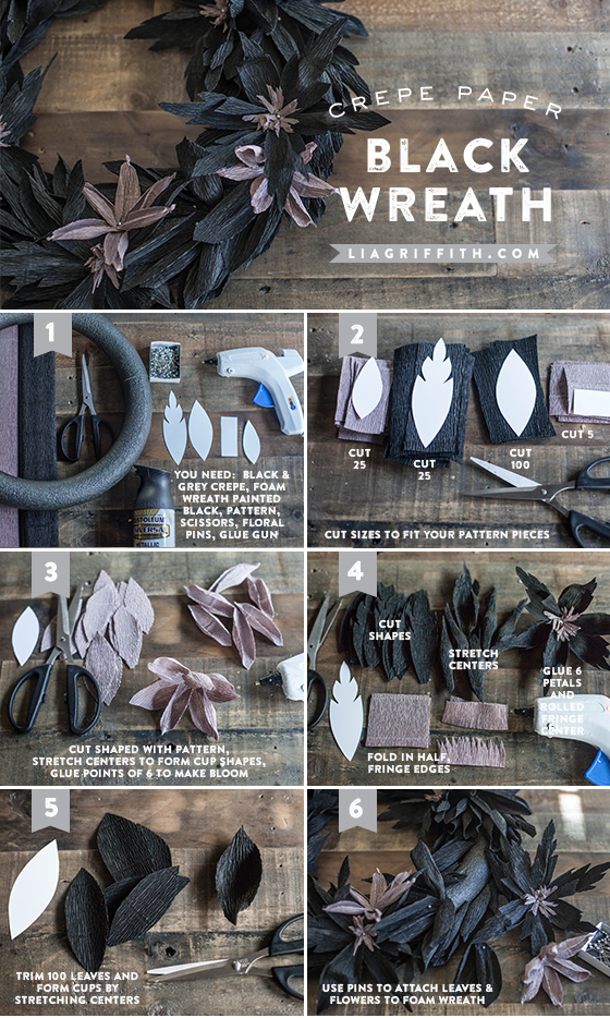 black crepe paper wreath diy