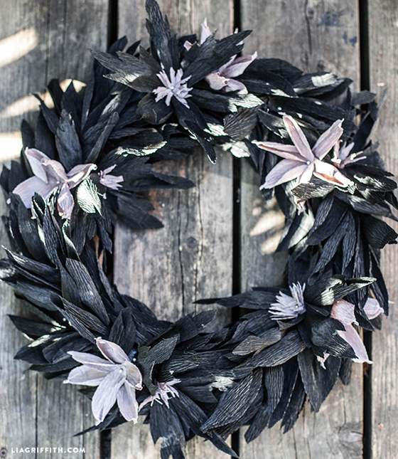 Black and gray crepe paper wreath