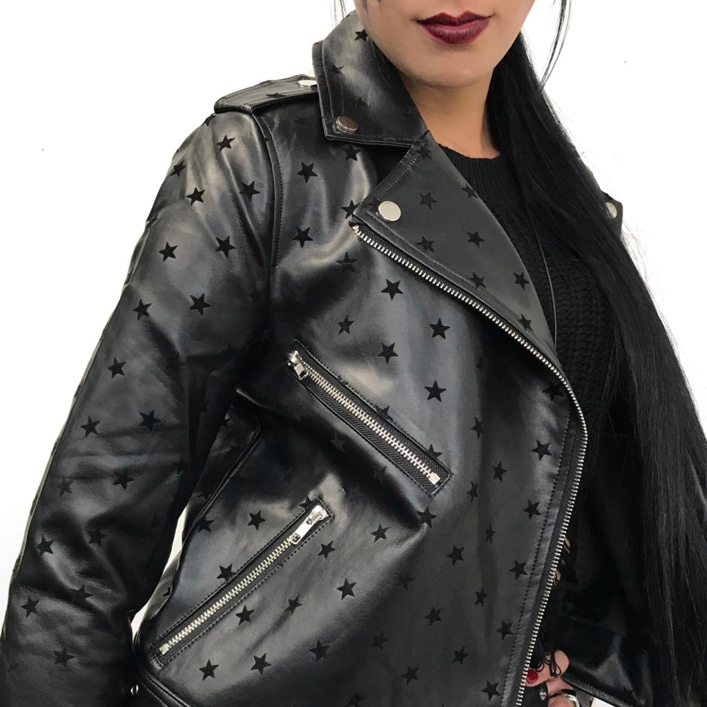 vegan faux leather moto jacket black stars